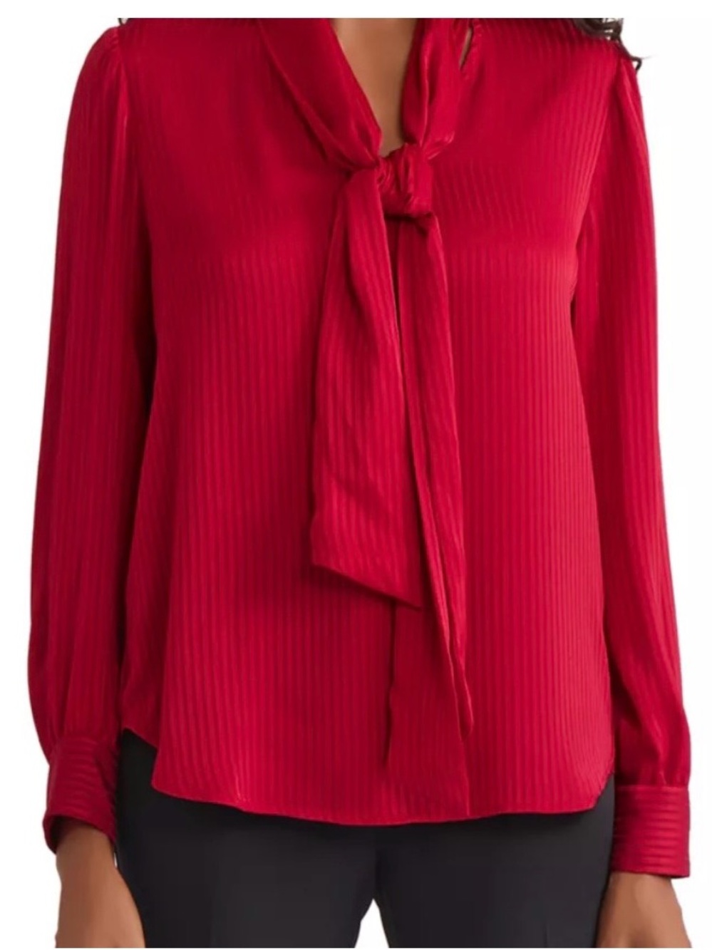 Ann Taylor Red Tie-Neck Blouse - Long Sleeve Women's Top